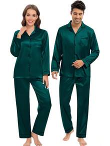 Silk Satin Pajamas Set For Couple Matching PJS Women Men 2 Piece Button Down Loungewear Sleepwear Long Sleeve Pjs Sethalloween - màu đen - Xem 3