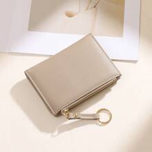 新款女士钱包钥匙扣不对称设计超薄紧凑型对折拉链零钱包女士零钱包迷你钱包小钱包可爱钱包卡包 - 灰色 - 查看 3