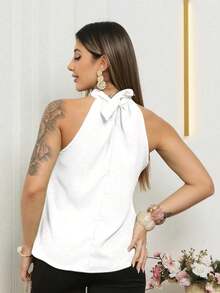 Stylish High Neck Tank Top With Duna Fabric Tie - trắng - Xem 2