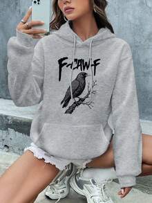 Sudadera con capucha estilo gótico oscuro con estampado de letra de cuervo "F-CAW-F" Parte superior gótica retro con cordones, bolsillos, capucha, tela de punto de manga larga, forro de invierno, sudadera de mujer, sudadera, sudadera talla grande, ropa de mujer talla grande, temporada de otoño e invierno, ajuste holgado y cómodo, ropa de otoño e invierno talla grande, uso diario