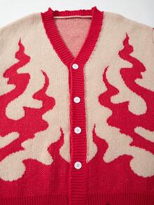ANDREILEE Autumn/Winter Men's Casual Loose Solid Color Ribbed Flame Pattern Retro Streetwear Distressed Design Button V-Neck Cardigan Knit Long Sleeve Jacket - Red - View 5