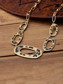 1pc Vintage Bohemian Style Minimalist Hollow Geometric Faux Leather PU Leopard Print Personalized Vacation Necklace For Women