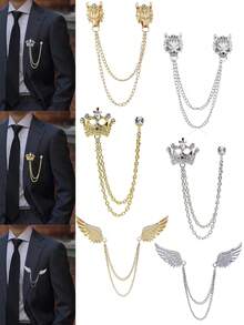 1/2/3 قطعة دبوس ياقة سلسلة رجالي مزين بحجر - رأس الذئب والتاج والجناح سلسلة ياقة طويلة - دبوص صدر فاخر مرصع بالراين ستون للزفاف، ذهبي وفضي