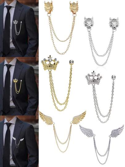 1/2/3 Pcs Men's Hanging Chain Brooch With Stone Detailing - Wolf Head & Crown & Wing Long Collar Chain Brooch - Vintage Rhinestone Breastpin Wedding Brooch Pin, Gold And Silver