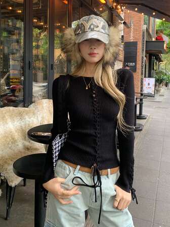 Solid Lace Up Front Knit Top