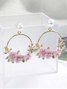 Rhinestone & Flower Decor Circle Drop Earrings Valentines - Pink - View 7
