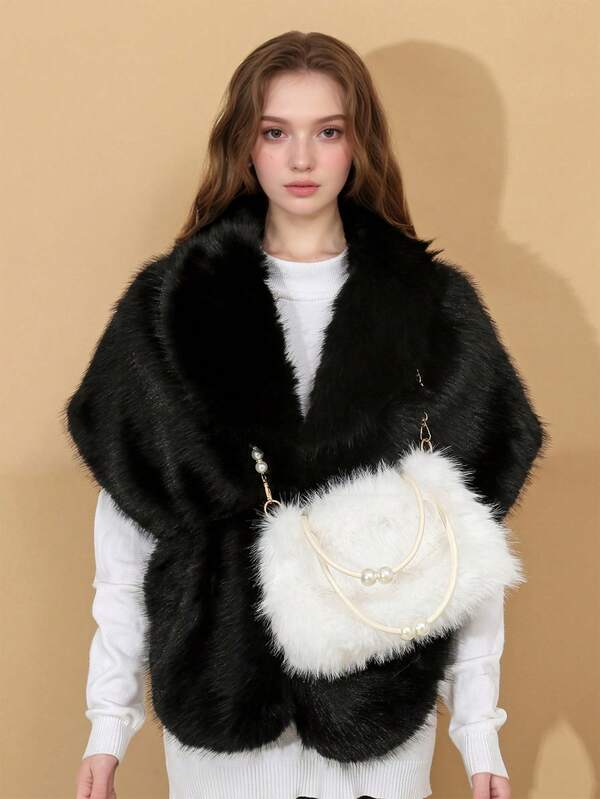 Autumn/Winter New Fashionable Soft Fluffy Faux Fur Shawl And Shoulder Bag, Solid Color