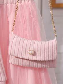 女童粉色 T 恤和网眼裙套装，秋冬，简约优雅彼得潘领长袖针织上衣 + 松紧腰褶皱网眼长裙，甜美两件套，搭配链条肩带针织斜挎包 - 粉色 - 查看 10