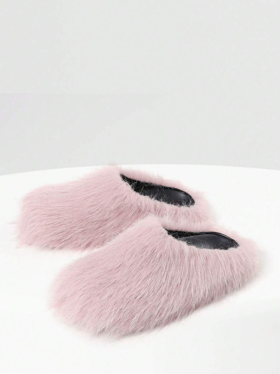 New Womens Faux Fur Slipper Round Toe Fuzzy Fluffy Comfortable Flat Warm Pink Furry Bedroom Slipper Home Slides Shoe Thick Plush Casual Wear Cozy Style Flat Indoor Outdoor All Weather Flat Summer Sandals For Women - 粉紅毛茸茸 - 查看 1