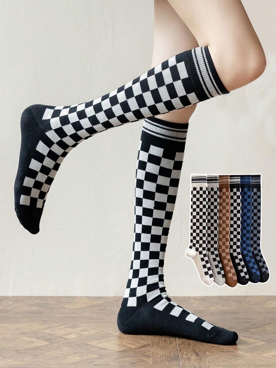 1 Pair Women's Autumn/Winter Warm Knee,High Socks, Checkerboard Pattern, Versatile &, Cozy Socks - Multicolor - View 1