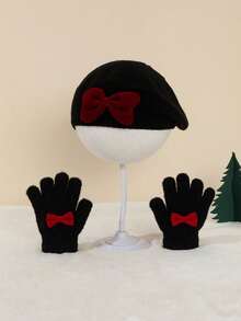 2pcs/Set Girls' Autumn/Winter Knitted Beret Hat And Gloves Set, Retro Palace Style - 2pcs - View 14