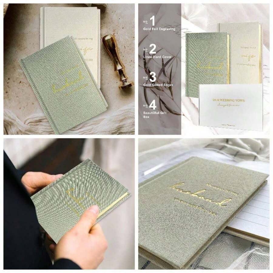 Vow Books His And Hers Set Of 2 Canvas Linen Wedding Vow Books Husband And Wife Hard Cover Vow Books Engagement GiftsXZ - HW - Beige - XZ-HW-Sage - 查看 1