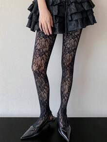 Women's Sexy Sunflower Floral Jacquard Lace-Up Fishnet Tights/Pantyhose Fashion Mesh Stockings High-Stretch Sweet & Spicy Leggings