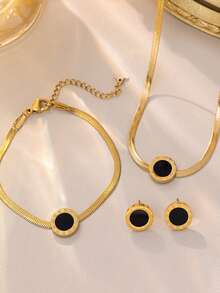 Elegant Roman Style Decorative Stainless Steel Jewelry Set For Women -4 Piece Set Fashion Autumn Collection With Necklace, Earrings And Bracelet