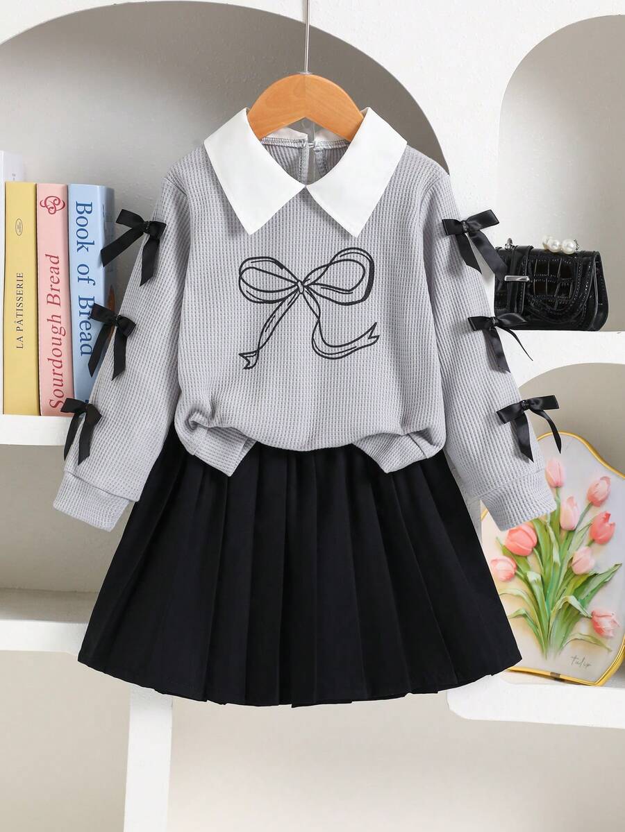 2pcs Girls Butterfly Decor & Print Bow Collar Long Sleeve Top + Pleated Skirt Set, Spring/Autumn