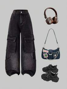 Quần jeans ống rộng màu đen phong cách Y2K cho bé gái tuổi teen, thoải mái và hoài cổ, thích hợp mặc thường ngày, dự tiệc hè và thu, lễ hội, thời trang đường phố, đồng phục học sinh, quần jeans ống rộng, quần jeans dáng rộng, quần jeans phong cách Y2K, trang phục mùa đông. - màu đen - Xem 2