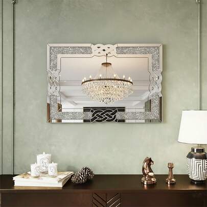 UNHO Specchio da parete rettangolare, 90x60 cm, specchio decorativo, specchio per trucco, specchio da toeletta in strass frantumato per bagno, camera da letto, soggiorno, decorazione della casa, decorazione da parete