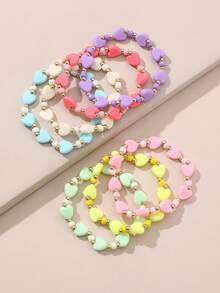 7pcs Colorful Acrylic 5-Petal Flower, Heart, Star Beaded Stretch Bracelet Set, Random Color, Suitable For Girls Daily Wear