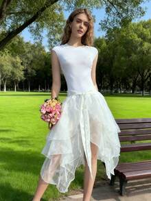 1pc Asymmetrical Hem Tuxedo Dress, Asymmetrical Mermaid Dress, Asymmetrical Puff Dress, Flowy Performance Dress, Glass-Like Maxi Dress, One-Piece Apron, Ruffled Layered Trailing Dress, Suitable For Weddings, Banquets, Performances, Parties, Bridal Party, Stage Shows, Cosplay, Travel Photography Props, Dance Recitals, Halloween Costumes Fall Clothes For Women