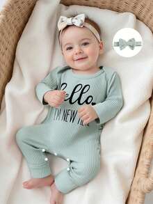 Newborn Baby Girls Rompers Knit Round Neck Long Sleeve Infant Fall Jumpsuits With Headband Coming Home Outfit - 綠色 - 查看 7