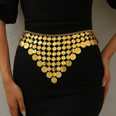 1pc Glittery Middle Eastern Style Female Portrait Pattern Round Tassel Pendant Inverted Triangle Waist Belt, Elegant Performance Costume Accessory