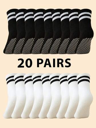 20 par barnstrumpor, halkfria silikonstrumpor, svarta och vita ankel- och vadstrumpor, lämpliga för 8-16 år gamla barn och tonåringar, utomhusvandring och vardagskläder