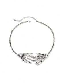 1Pc Gothic Silvery Color Metal Skeleton Hand Pendant Choker Necklace For Women Me N Halloween Accessory