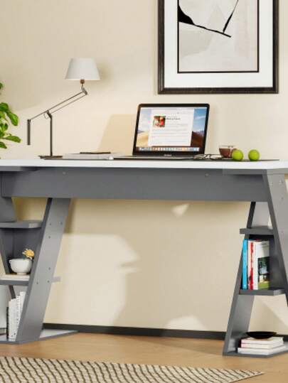 120 50 74 Cm Einfacher Schreibtisch, Schreibtisch Mit Förmiger Halterung, Lagerregal Dry Positionen, Farblich Abgestimmtes In Grau Weiß, Stylish Robust, Wit view 5