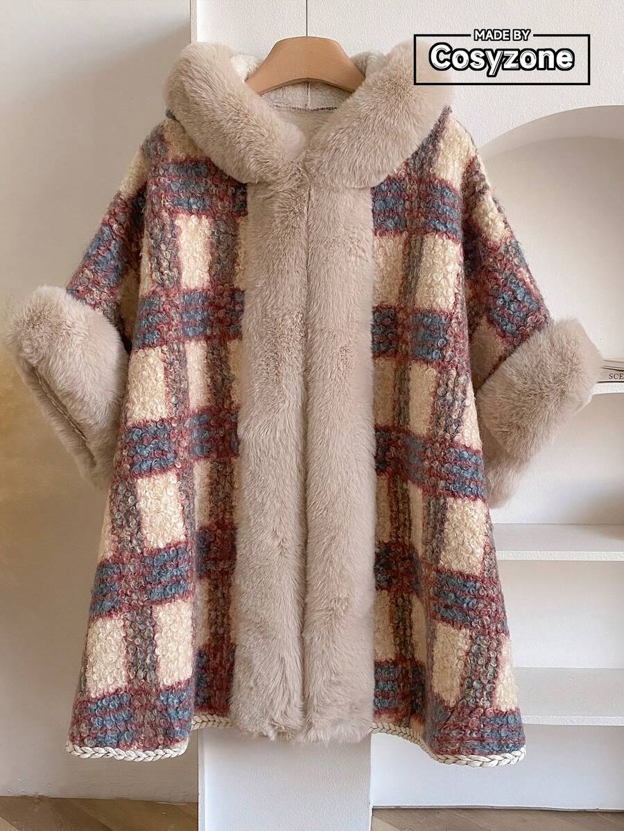 1 pieza Elegante capa de punto con capucha y cuello de piel sintética de estampado de cuadros para mujeres, chaqueta exterior versátil, gruesa y cálida, de punto suelto, suave y esponjosa, adecuada para uso diario en otoño/invierno