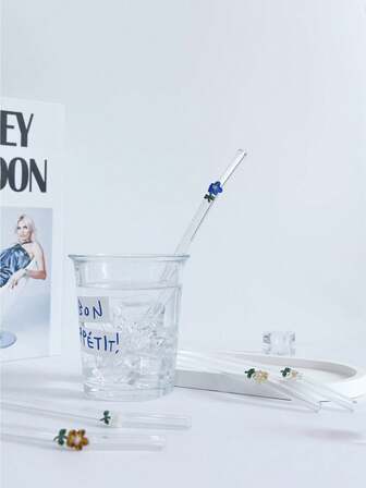 1 件彩色花卉耐热玻璃吸管，防烫防口红珍珠奶茶、果汁、牛奶饮料彩色花朵弯曲玻璃吸管