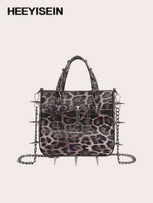 HEEYISEIN-Damen Y2K Leopard Nieten Schnallen Schultertaschen Punk Doppelriemen Clutch Geldbörsen