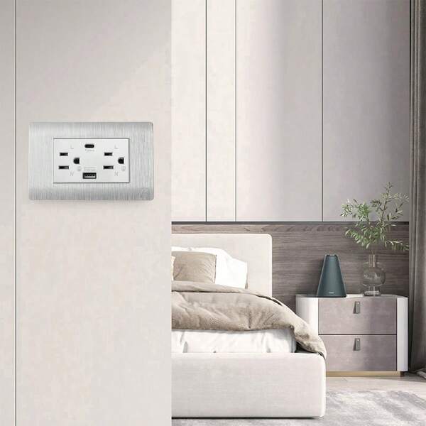 Toma USB, puertos tipo C y tipo A y 2 tomas de corriente. Toma de corriente de 2 unidades para oficina en casa.