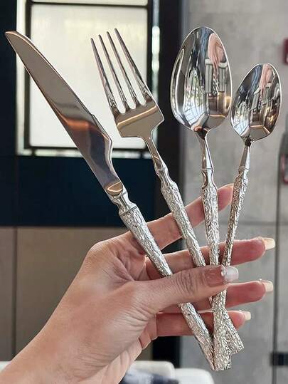 Juego de 4 piezas/24 piezas de utensilios de cocina de acero inoxidable con diseño de martillo, incluye tenedores, cuchillos, cucharas, aptos para lavavajillas, adecuados para el hogar, restaurante, hotel, fiesta, boda