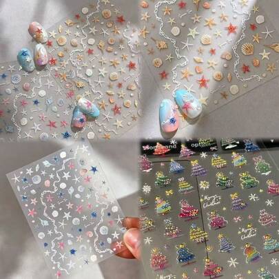 Nuevos adhesivos creativos con estilo INS, hermosos árboles de Navidad, conchas, estrellas de mar en relieve, minimalistas con brillo, lindas estrellas de mar adhesivas para decorar uñas, teléfonos, tabletas, cámaras y manualidades