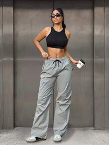 Pantalones cargo de estilo casual de la calle Y2K con bolsillos en diagonal, cintura elástica con cordón, pierna recta, pantalones paracaídas para uso diario, oficina, viajes al aire libre y ropa de otoño para mujeres