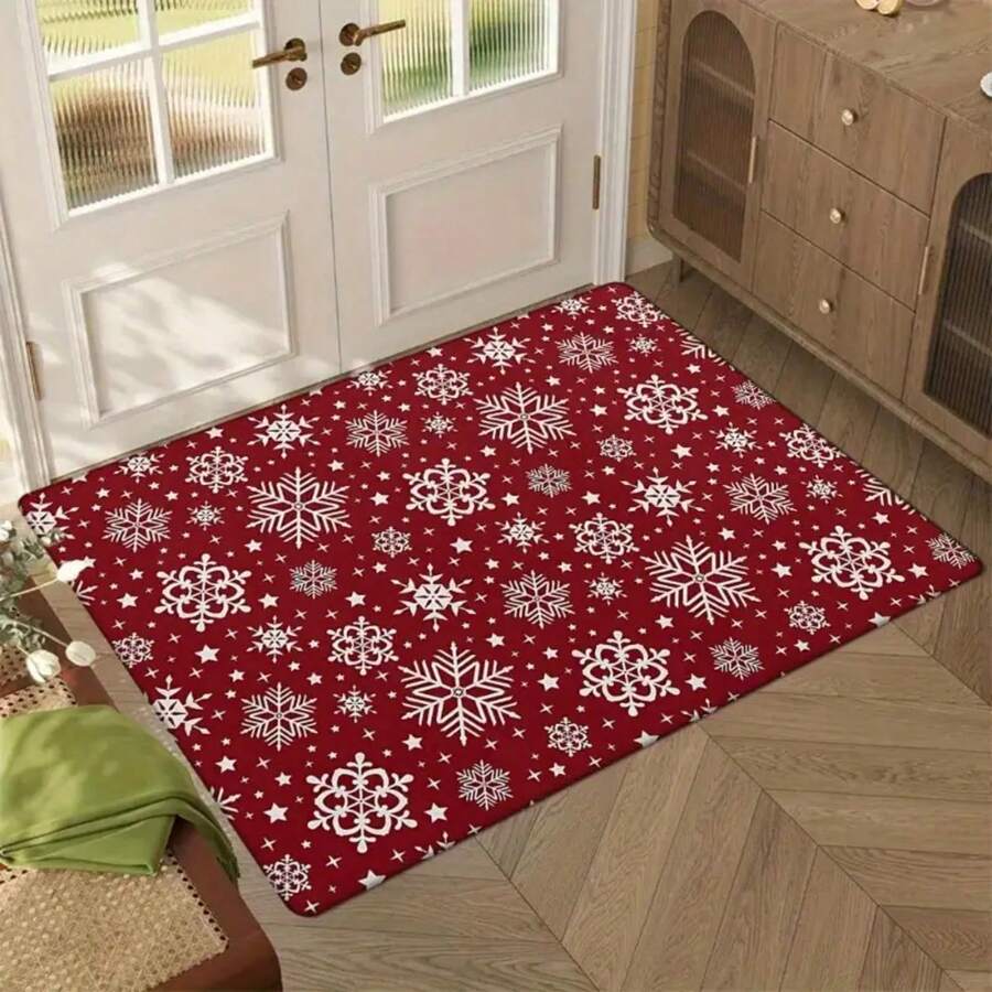 1pc 2D Flat Flannel 1 Piece Christmas Snowflake Welcome Doormat - Non-Slip, Machine Washable, Fade Resistant, Low Pile Polyester Rectangular Mat For Living Room, Bedroom, Kitchen, Laundry Room - Multicolor - View 1
