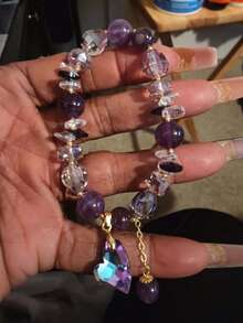 1pc Elegant Bohemian Amethyst Crystal Bracelet With Heart Pendant - Luxurious, Sparkling, Non-Plated Stretch Bracelet Perfect For Women Girls Girlfriend Valentines,Mom,Mother,Mother's Day, Birthday,Anniversary,Wedding & Parties, Daily Wear