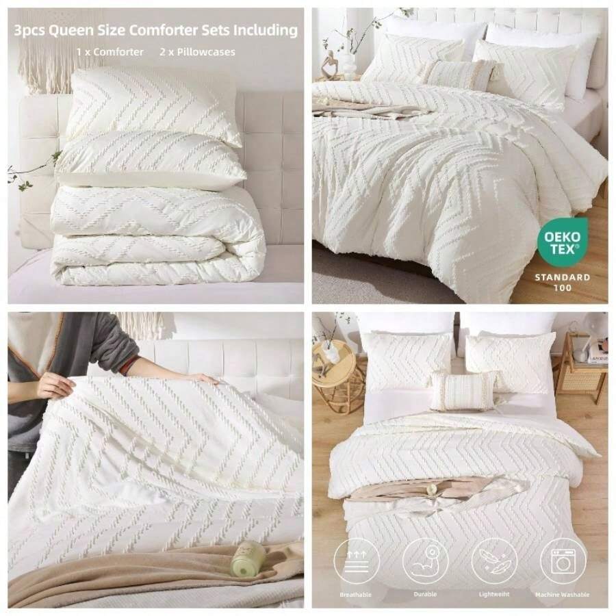 - Juego de edredn de 3 piezas, color blanco marfil, juego de ropa de cama tamao, juego de cama vertical con mechones verticales, juego de recmara neutro ligero 1 edredn y 2 fundas - Queen + Blanco marfil - Ver 1