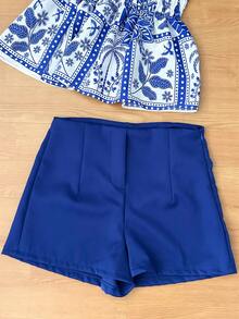 Women's Two Piece Set, Strapless Printed Top And Plain Shorts, Casual Summer Outfit - 藍色 - 查看 3