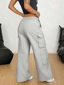 女士时尚抽绳纯色运动裤，大口袋，工装裤 - 灰色 - 查看 6