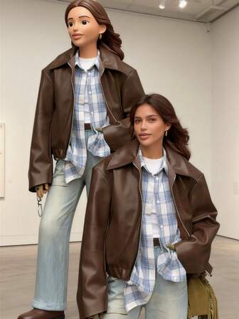 1pc Women's Solid Color Fashionable Loose Matte Leather Jacket Coat, Autumn/Winter