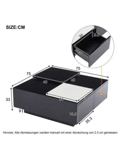 Moderne High Gloss Zwart Square Coffee Tafel Shelves (75 75 33.5 Cm), Small Sliding Tabletop In Contrasting White, Max. Load Capacity 30 Kg view 2