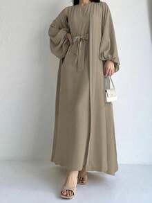 1 套纯色优雅阿巴亚长袍套装，穆斯林系腰宽松长袍连衣裙 + 开放式阿巴亚，适合春季、夏季、秋季女性日常外出和祈祷穿着 - 彩色 - 查看 14