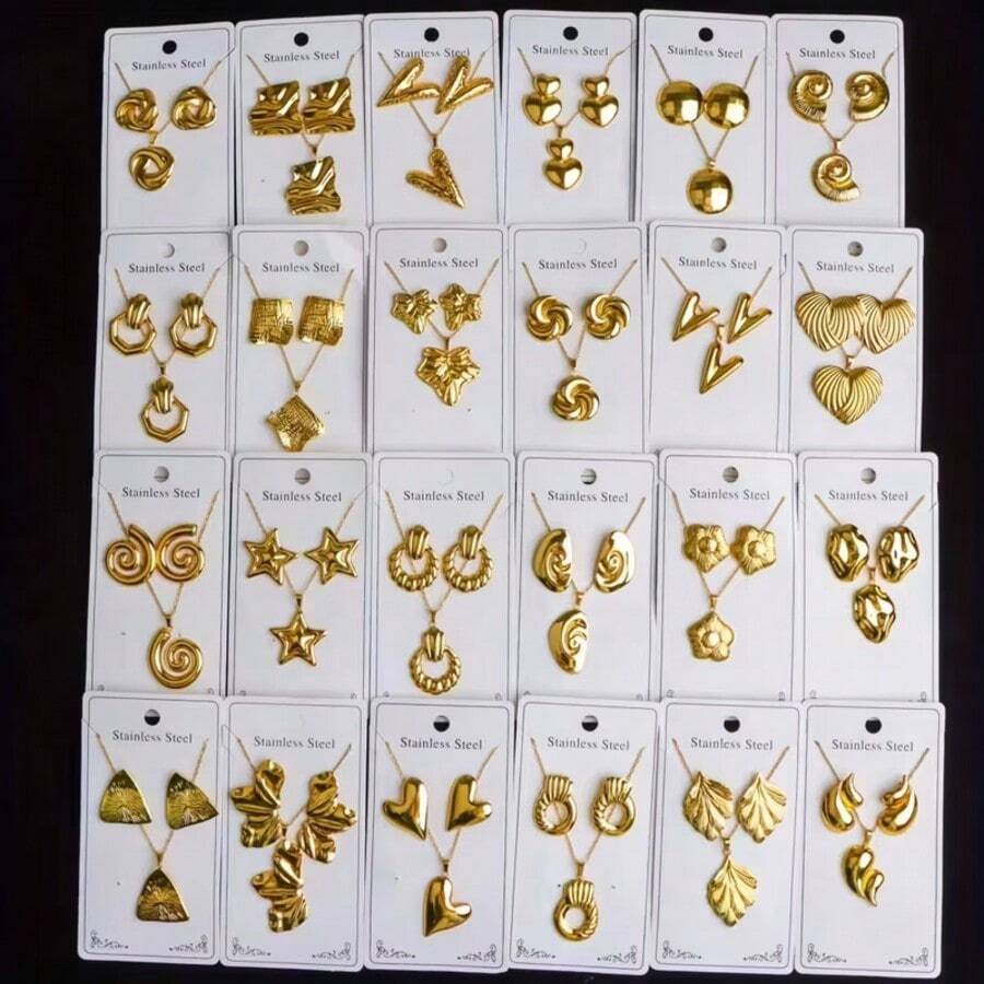 这款18件套不锈钢耳环项链套装,采用几何心形和贝壳花卉设计,闪亮风格灵感源自中东迪拜。适合婚礼、派对、新年礼物以及各季节佩戴。 - 彩色 - 查看 1