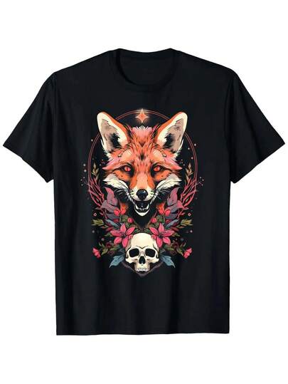 Men's Gothic Witch T-Shirt - Dark Academia Cottagecore Tee With Red-Orange Fox, Floral Patterns - Heavyweight 180gsm Cotton Shirt For Goth, Victorian, Fantasy Events - Sizes S-XXXL, Alternative Style Clothing, Mystical Aesthetic Top, Highquality Print, Statement Fashion Piece, Alternative Style Men