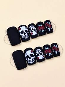 24pcs Halloween Nail Stickers, Matte Black Rose Skull Square Nail Art Stickers, Includes 1 Nail File And 1 Jelly Gel Nails Nail Supplies - Multicolor - View 2