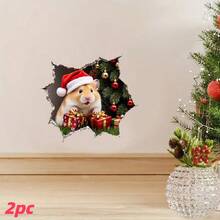 قطعتان من ملصقات الحائط لزينة عيد الميلاد، ملصقات حائط 3D لخنزير كيوت يرتدي قبعة سانتا كلوز، ملصقات عيد الميلاد قابلة للإزالة من البولي فينيل كلورايد ذاتية اللصق لغرفة المعيشة والنوم والمتجر وزينة صندوق هدايا عيد الميلاد