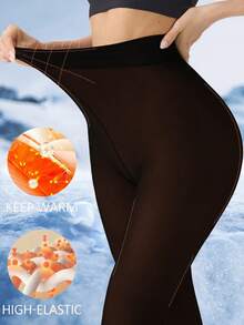 Fleece Lined Thermal Tights For Women, Sexy Translucent Warm Leggings, Suitable For People Of Different Skin Colors, Pantyhose Slim Winter Warm Thick Velvet Stockings Female Cute Insulated Pants - 黑透棕 - 查看 3