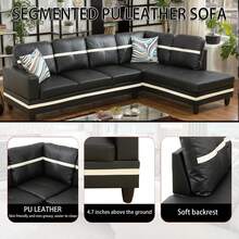 Black And White Modern 97"W L-Shaped Sectional Sofa Set, Synthetic Leather Right-Chaise Corner Couch, Tool-Free Assembly Modular Sleeper Sofa, Space Saving Multifunctional Living Room Furniture For Apartment And Office - 黑與白 - 查看 6