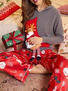 Suéter elegante de mujer con lazo y adornos de lentejuelas navideños,Una camiseta de manga larga de lana de Navidad, detalles de renos encantadores, estilo casual. - Gris Oscuro - Ver 5